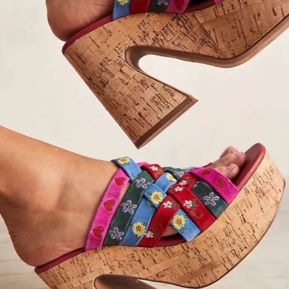 FREE PEOPLE Cork Wedges Platform Heel Slip Ons Embroidered Woven Straps NEWER